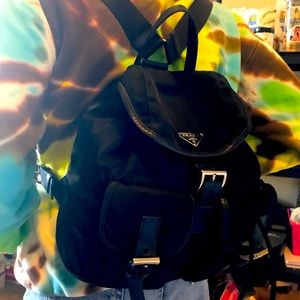 Authentic Prada small backpack black nylon leather detailing, authenticity cards